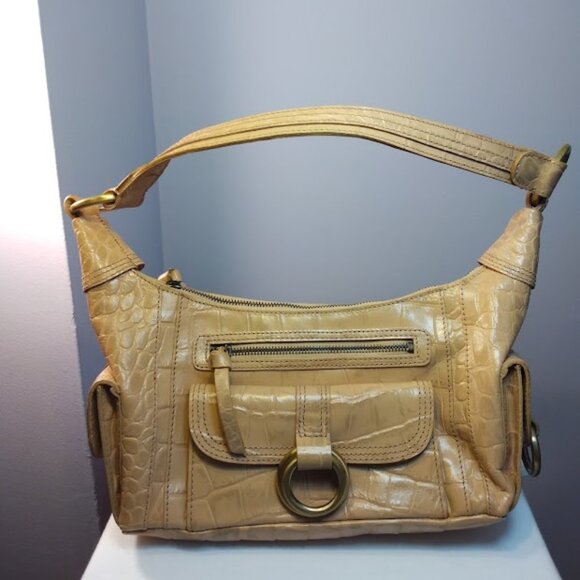 Michael Rome Designs Croc Embossed Leather Shoulder Hobo Bag Y2K Beige Yellow - Picture 1 of 8